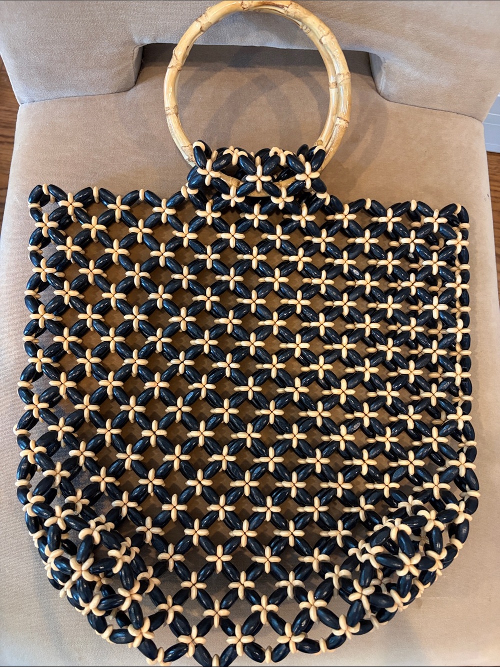 Summer Tote Black and Natural Beaded with Bamboo Handles